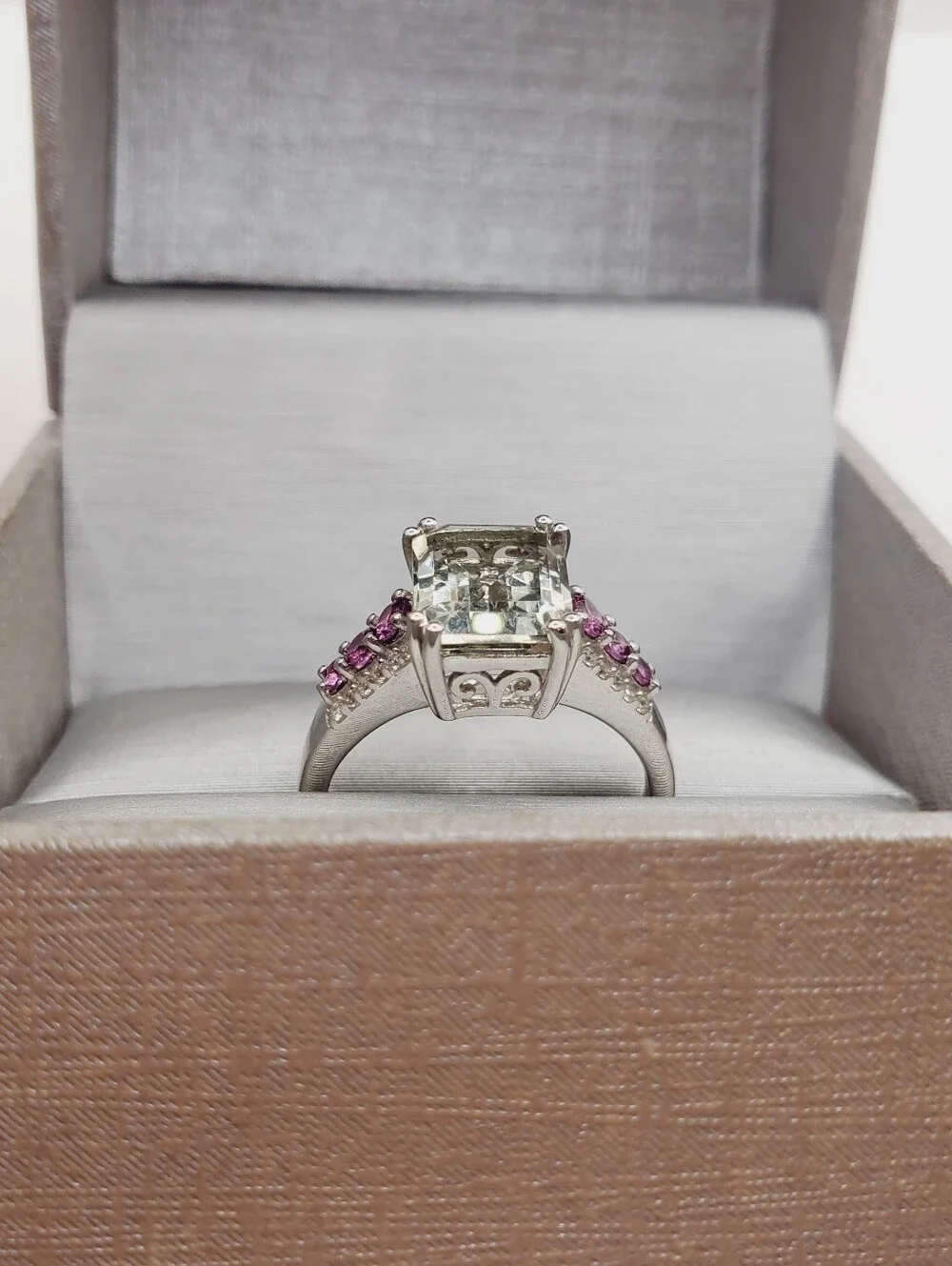 Emerald Cut Montezuma Prasiolite & Pink Tourmaline 925 Sterling Silver Ring